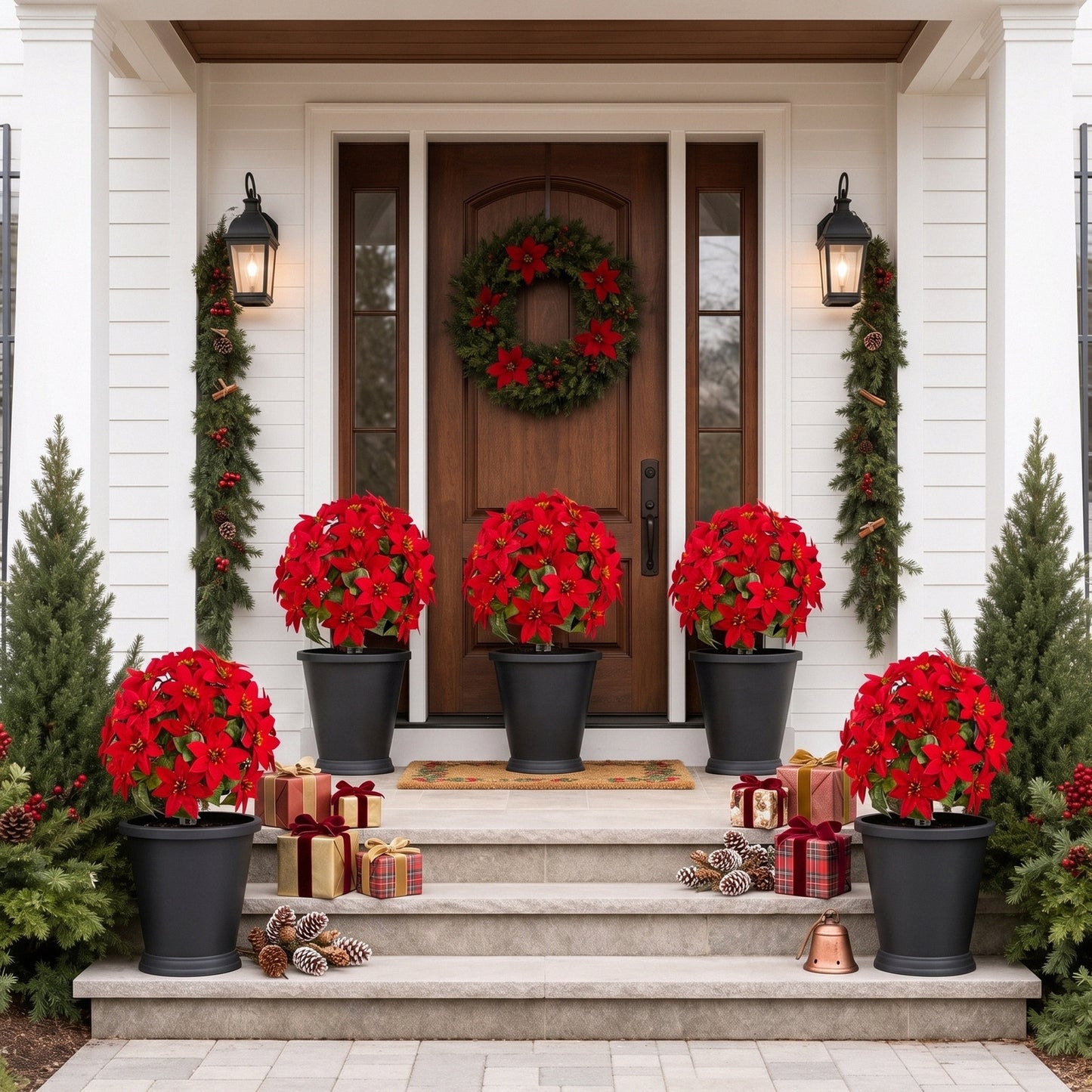 Red poinsettia ball stake decorating front porch for Christmas – IPOPU

