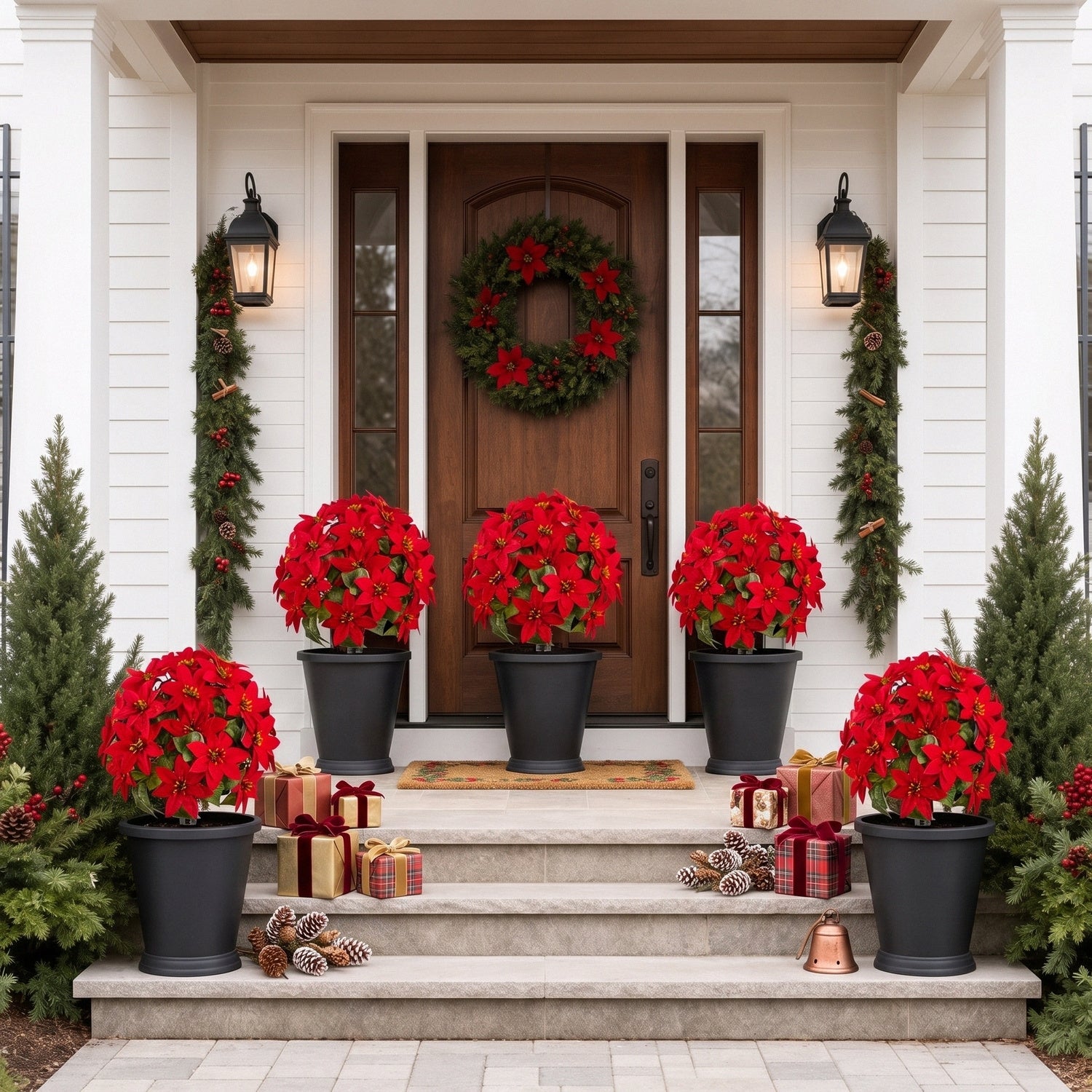 Red poinsettia ball stake decorating front porch for Christmas – IPOPU
