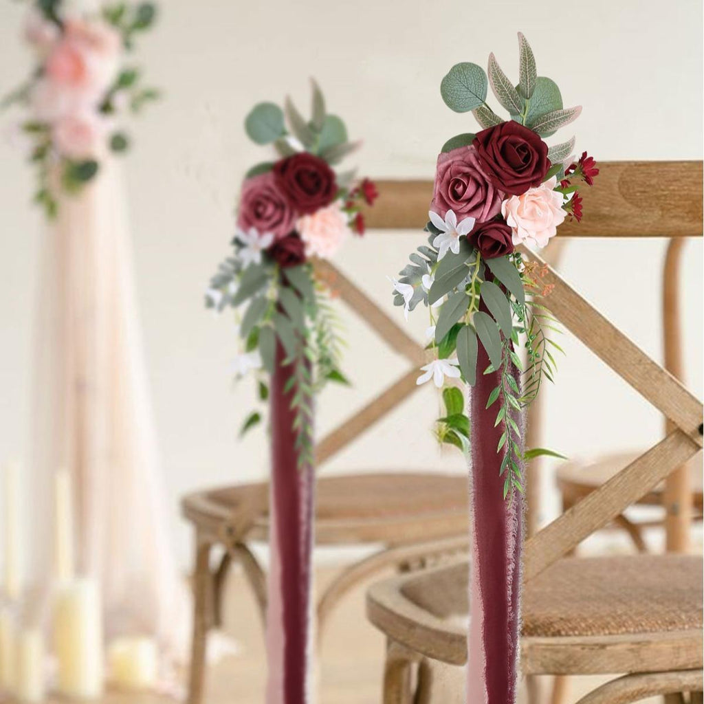 Artificial Flower Chair Decorations with Chiffon Ribbons 4pcs | Wedding Ceremony Banquet & Party Chair Decor in 10 Colors