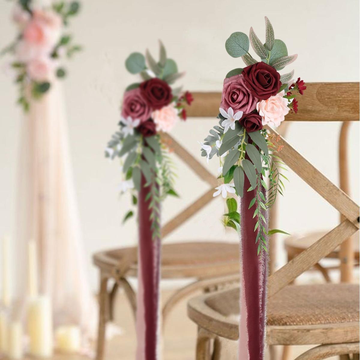 Artificial Flower Chair Decorations with Chiffon Ribbons 4pcs | Wedding Ceremony Banquet & Party Chair Decor in 10 Colors