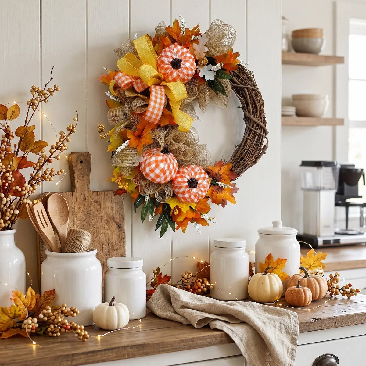 Autumn grapevine wreath with gingham pumpkins and burlap ribbon hanging in farmhouse kitchen above white ceramic jars and fall pumpkin decor
