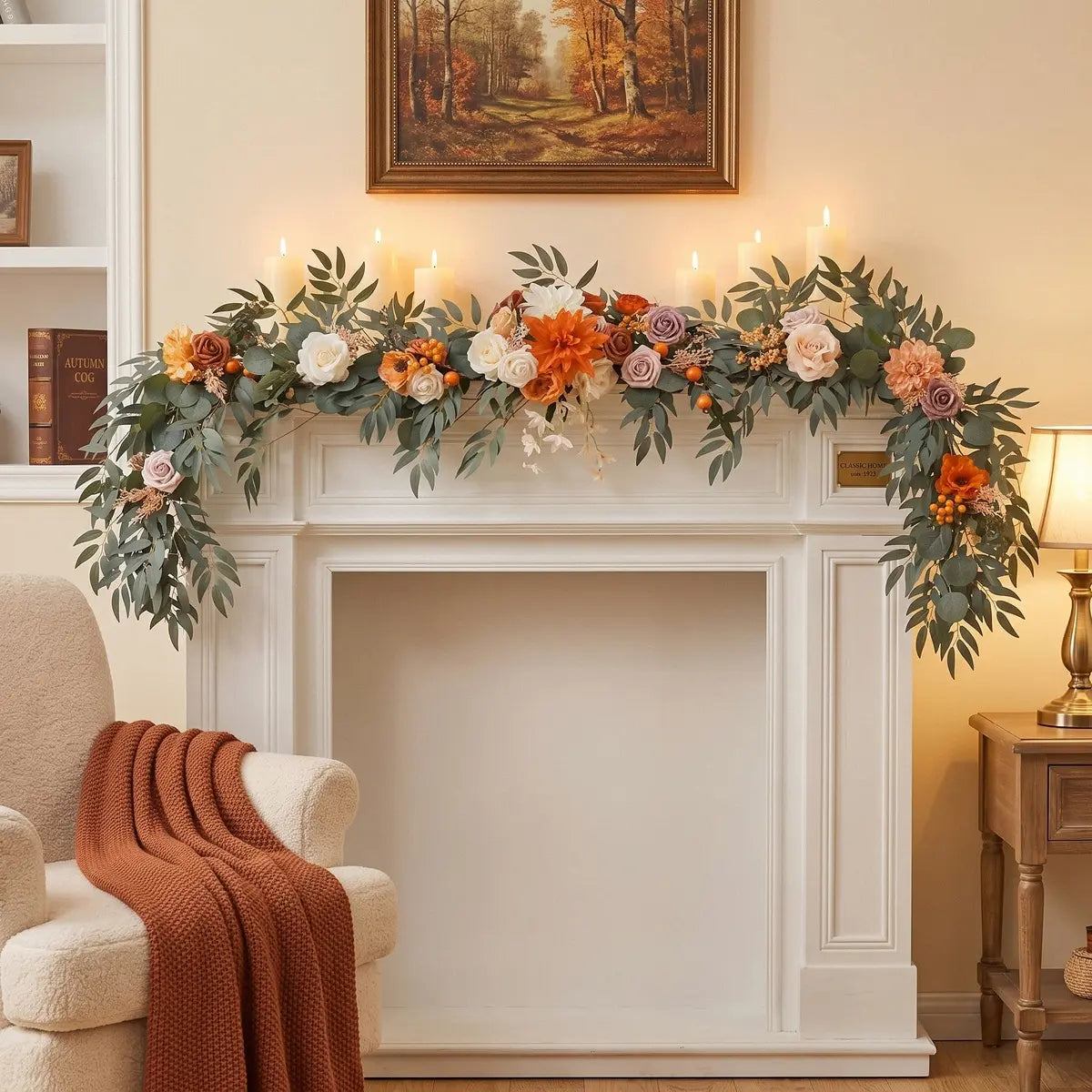 Artificial Greenery Rose Garland Draped on Fireplace Mantel – Indoor Wedding and Home Decor
