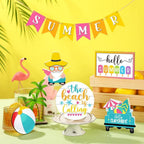 Hello Summer Hawaii Beach Gnome Wood Sign | Farmhouse Rustic Decor for Kitchen Shelf Tiered Tray & Home