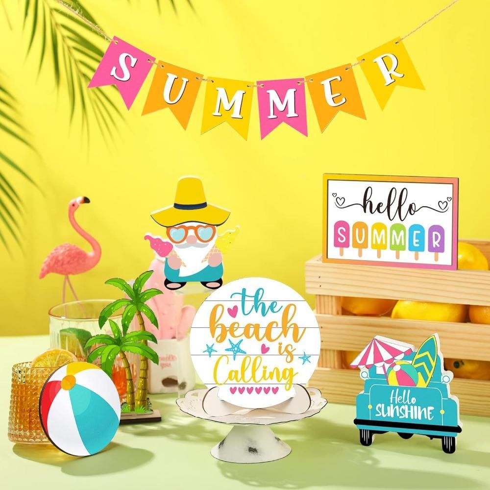 Hello Summer Hawaii Beach Gnome Wood Sign | Farmhouse Rustic Decor for Kitchen Shelf Tiered Tray & Home