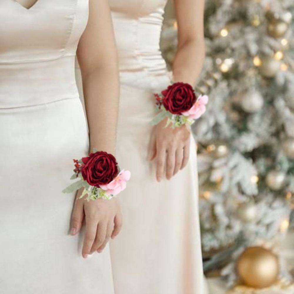 Artificial Wrist Corsage and Boutonniere Set 4pcs | Wedding Homecoming Prom & Graduation Party in White Red 6 Styles