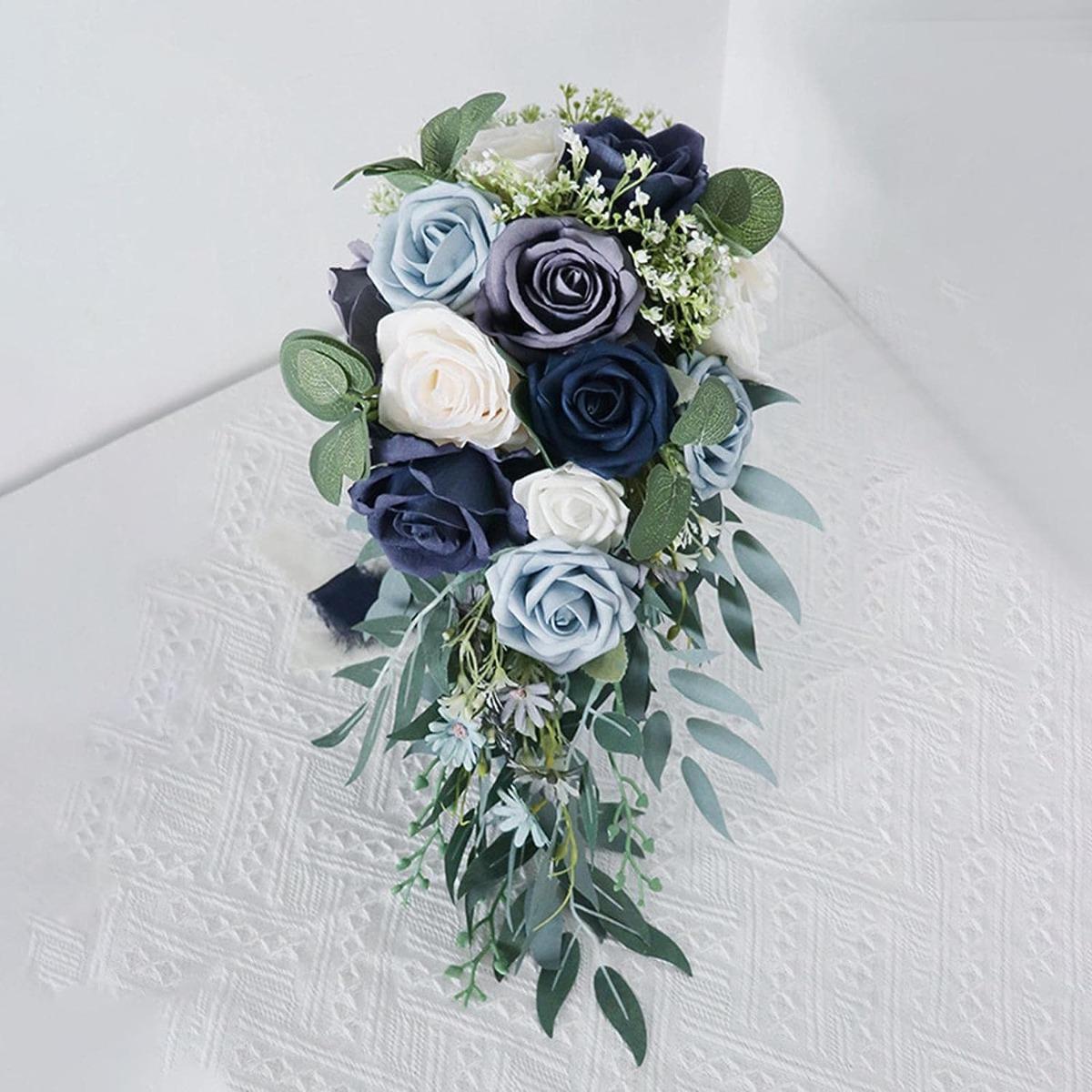 17 Inch Water Drop Blue Rose Bridal Bouquet | Luxury French Style Wedding Bridesmaid & Photo Shoot