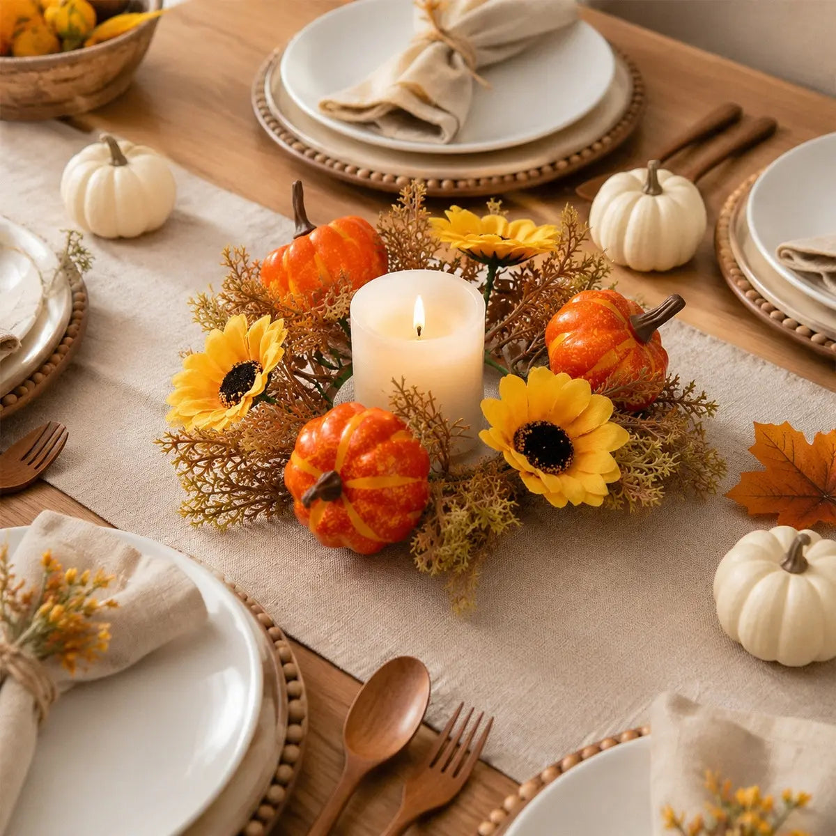 4 Pack Artificial Fall Candle Ring Wreath, 9.84 Inch Mini Autumn Candle Holder Wreath with Orange Pumpkins, Sunflowers and Foliage, Small Table Centerpiece Ring for Farmhouse Kitchen, Thanksgiving Harvest and Farmhouse Indoor Tabletop Decor