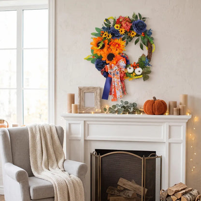 15.7'' Harvest Fall Wreath for Front Door | Artificial Autumn Wreath with Sunflowers, Pumpkins, Berries & Maple Leaves | Thanksgiving Halloween Decor