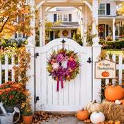 Purple Rose Mixed Fall Wreath with Maple Leaves & Ribbon