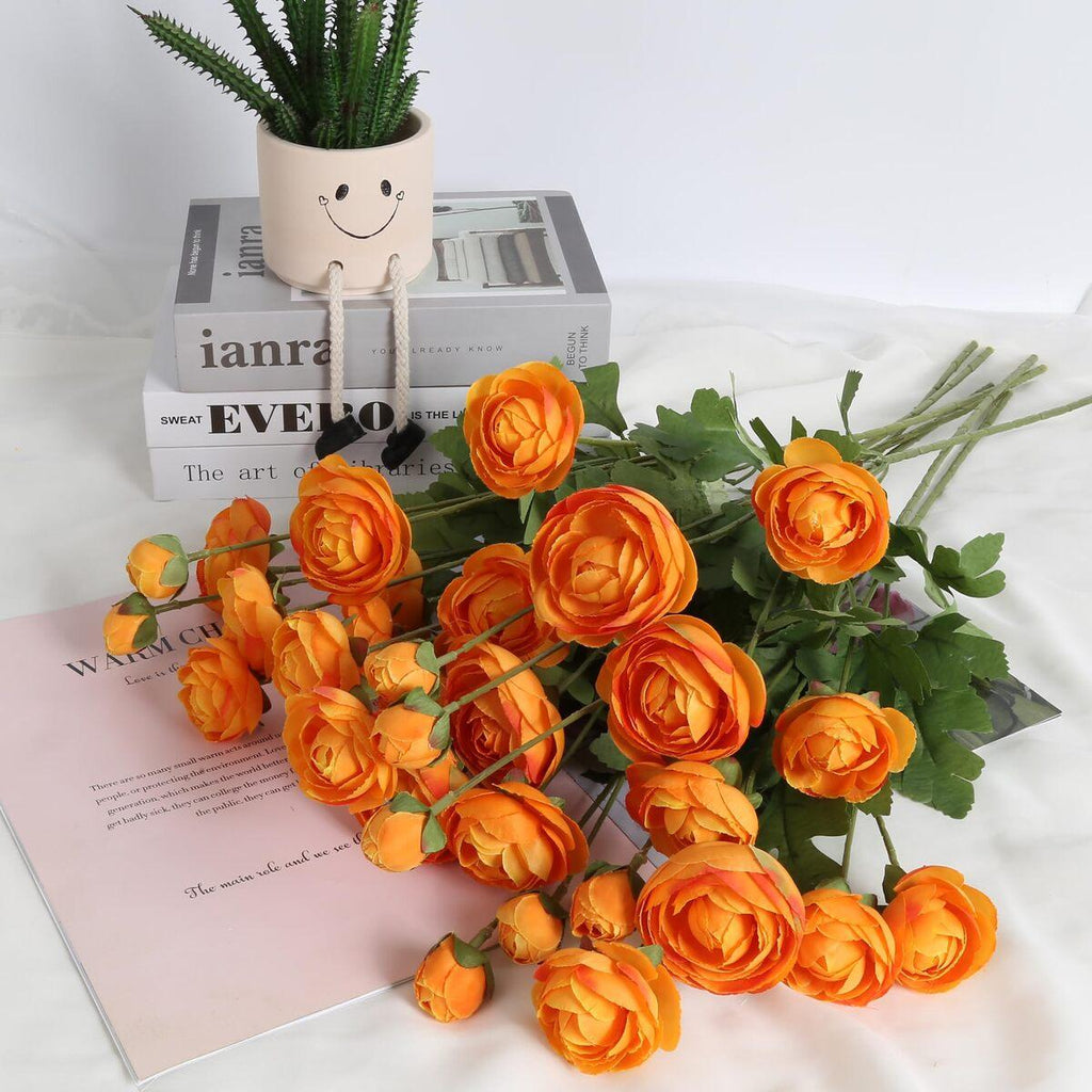 Artificial Ranunculus Flowers Set of 4 | Real Touch Stems | White Yellow Orange Pink