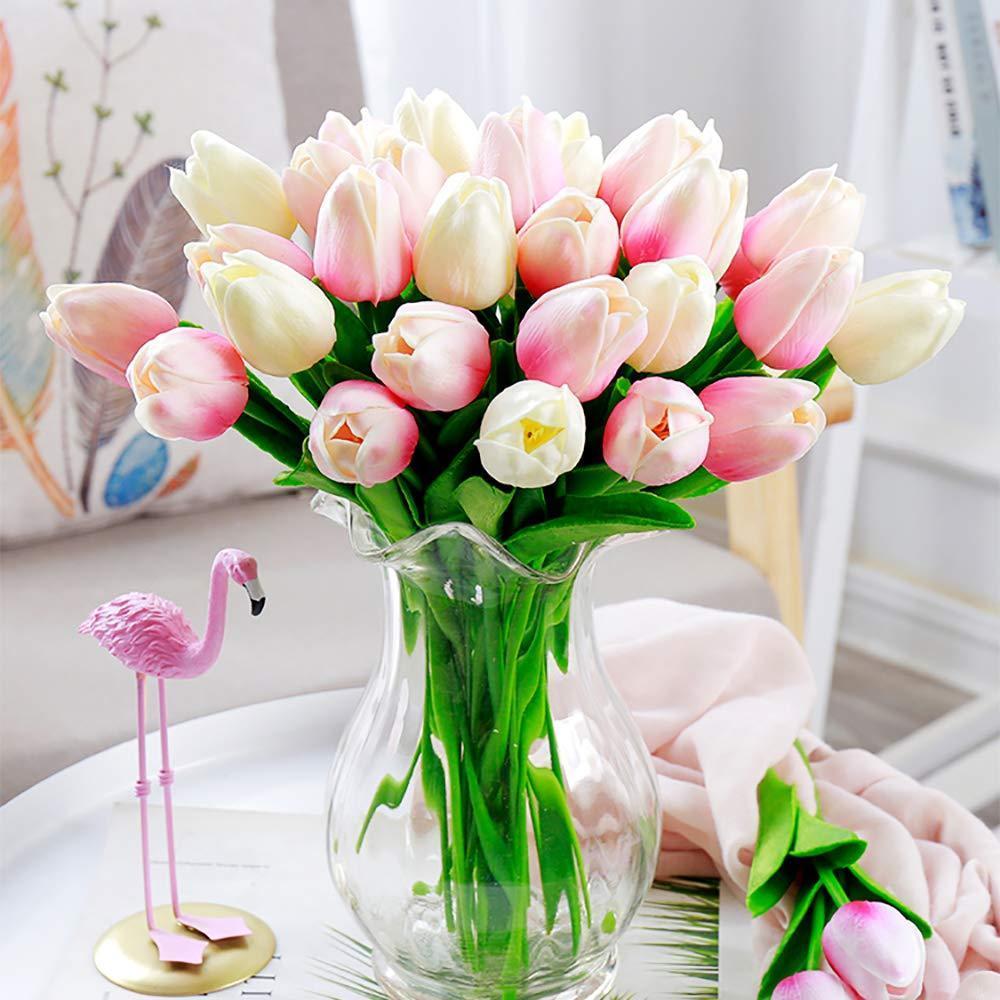 Artificial Tulips 24pcs Peach Cream | Table Centerpiece Home Decor Baby Shower Easter & Spring Floral Arrangement
