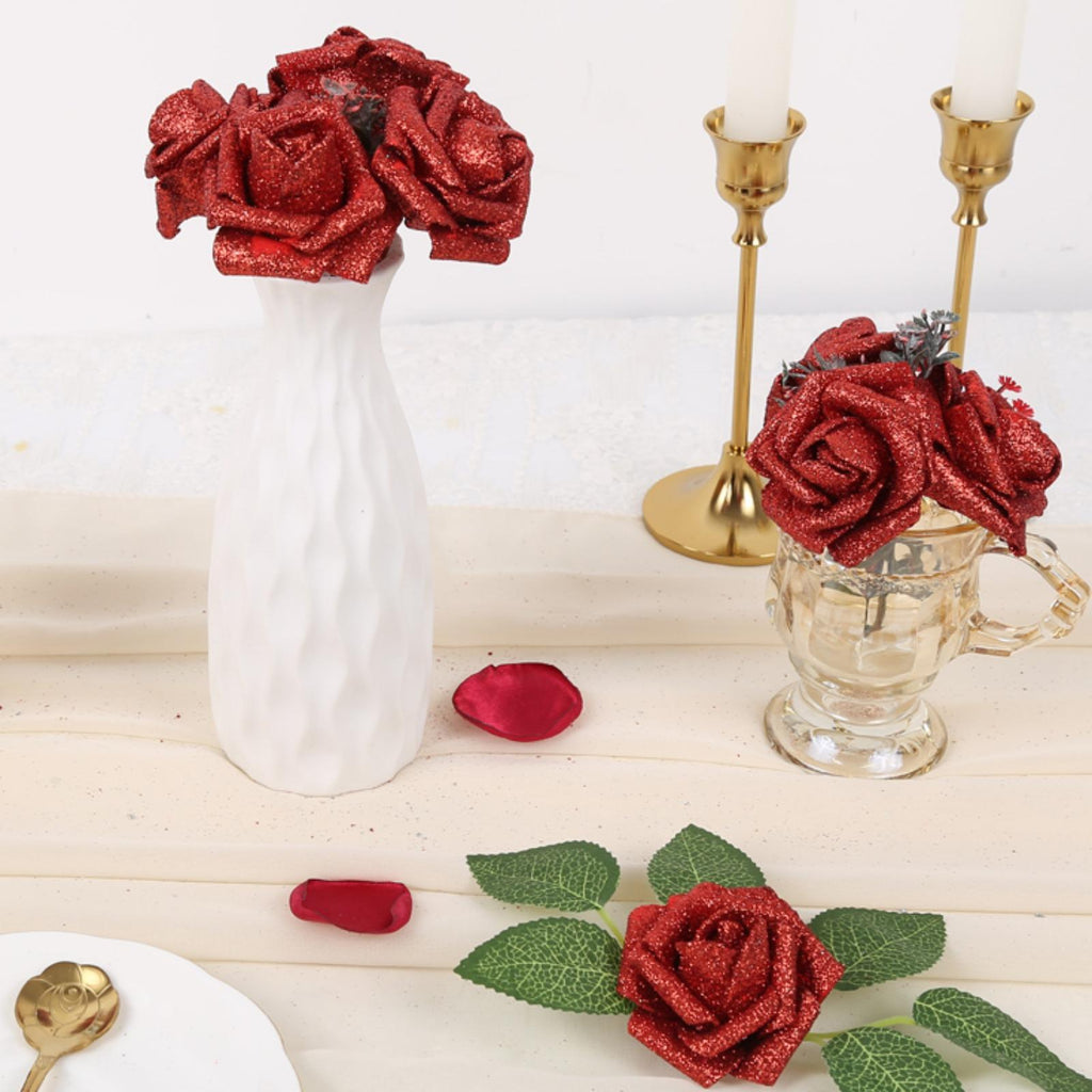 Glitter Foam Roses with Stems 25pcs | Wedding Bridal Bouquet Valentine's Day Party & Home Decor in Gold Silver