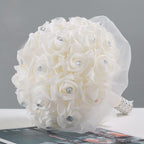 Crystal Artificial Rose Bridal Bouquet | Bride Bridesmaid Church Wedding Party & Photo Shoot in White