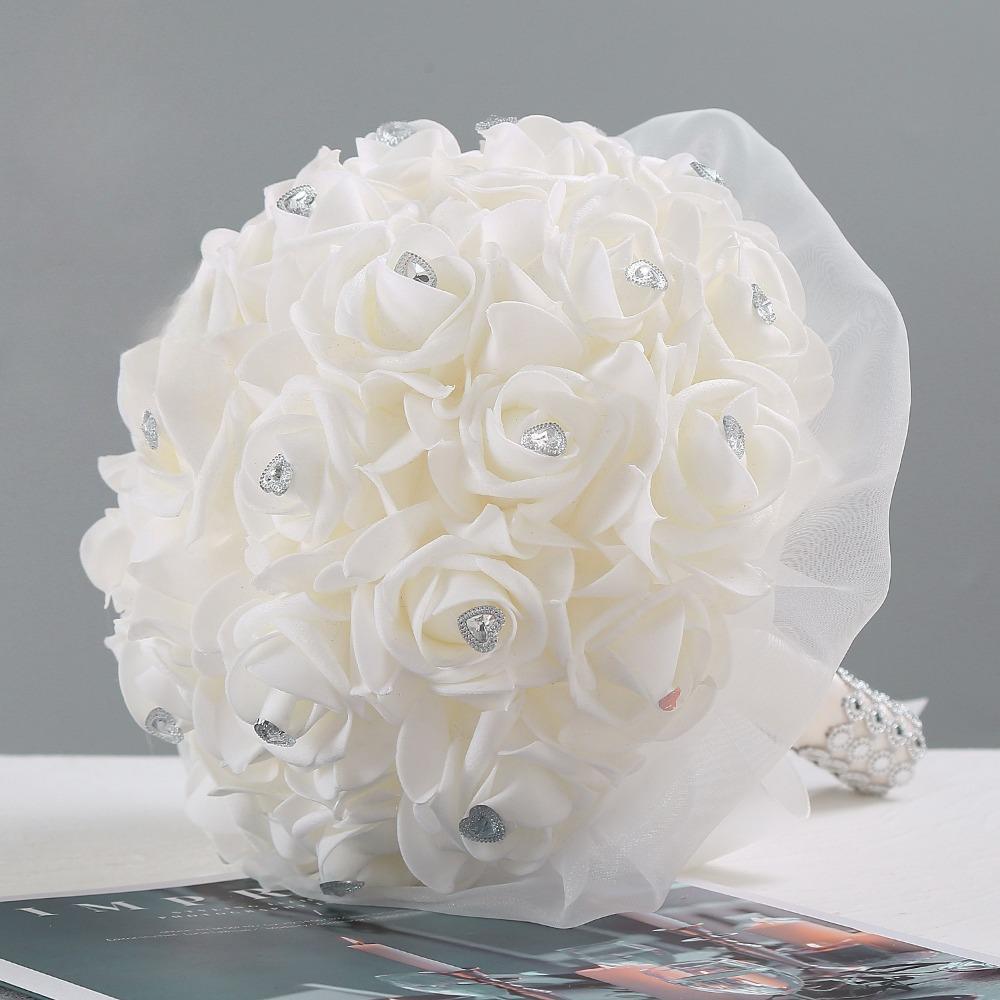 Crystal Artificial Rose Bridal Bouquet | Bride Bridesmaid Church Wedding Party & Photo Shoot in White