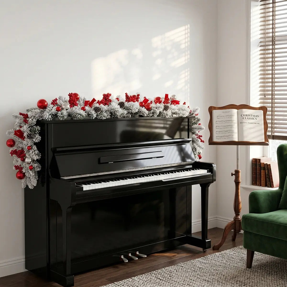 Christmas Swag Garland with Red Berries Draped Above Piano – Indoor Holiday Decor
