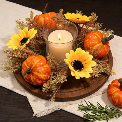 4 Pack Artificial Fall Candle Ring Wreath, 9.84 Inch Mini Autumn Candle Holder Wreath with Orange Pumpkins, Sunflowers and Foliage, Small Table Centerpiece Ring for Farmhouse Kitchen, Thanksgiving Harvest and Farmhouse Indoor Tabletop Decor