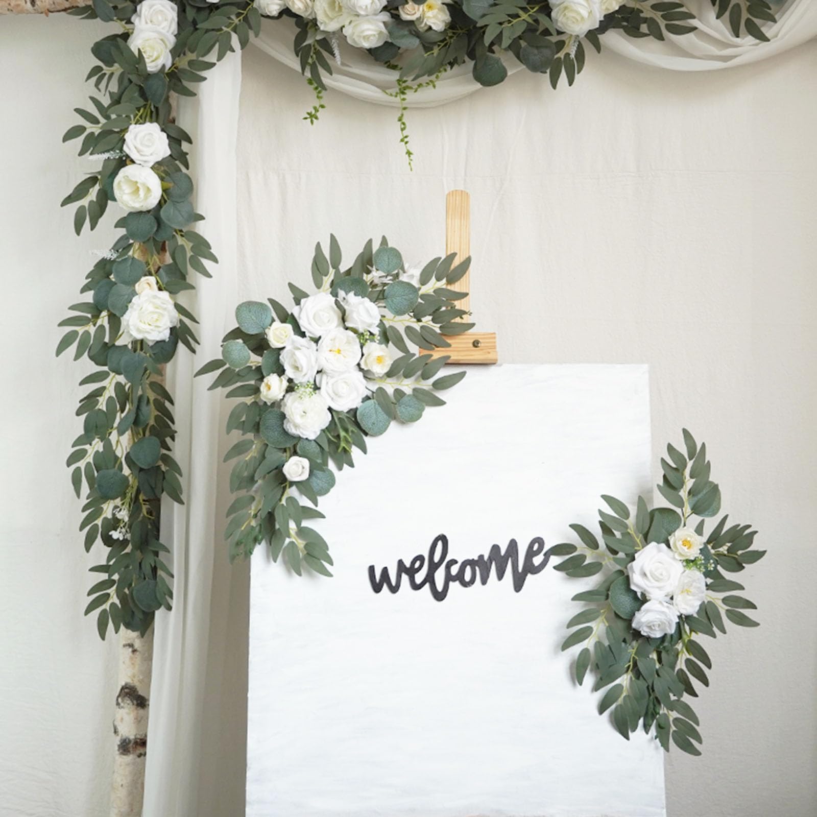 Faux Flower Swag Set of 2 | Wedding Arch Welcome Sign Reception Ceremony Backdrop Decor in White Pink Red Beige Orange