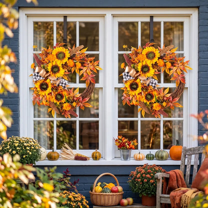 Artificial sunflower Thanksgiving wreath with harvest foliage hung on a white window frame for autumn indoor decor
