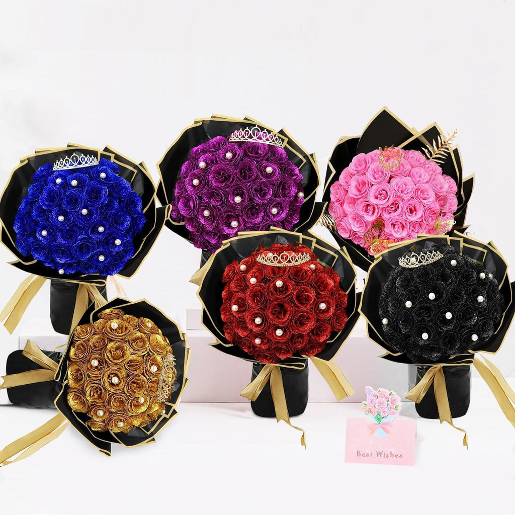 DIY Glitter Rose Bouquet Gift Set 24pcs | Graduation Birthday Gift with Stickers Ribbons Butterflies Crown in 7 Colors (Assembly Required)