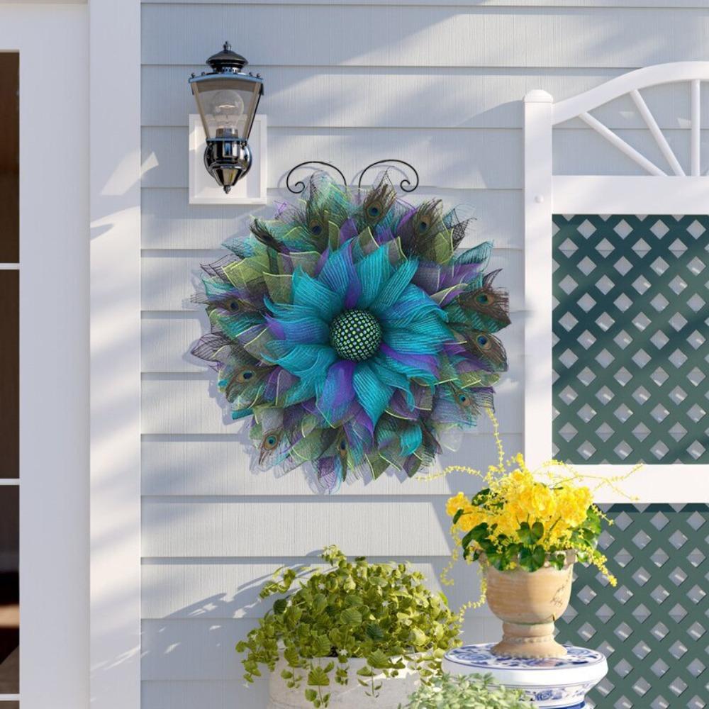 Blue Faux Plume Hanging Wreath | Rustic Boho Festival Ornament for Home Door Wall Wedding & Party Decor