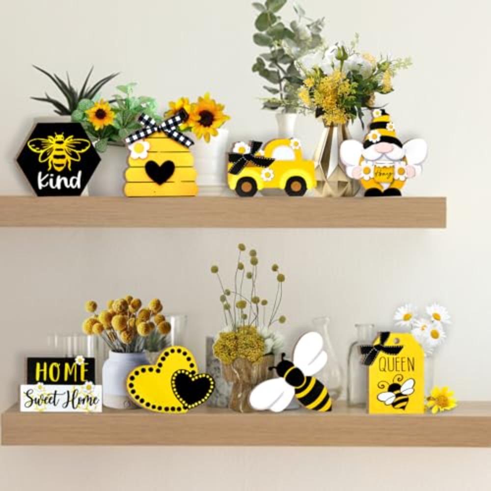Farmhouse Tiered Tray Decoration Set | Bumble Bee Gnome Honey Truck & Hive Wooden Signs for Rustic Home Decor