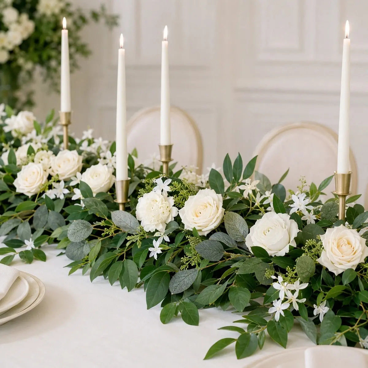 Artificial white rose eucalyptus garland with LED lights laid flat as table runner on white reception table with gold taper candle holders – IPOPU
