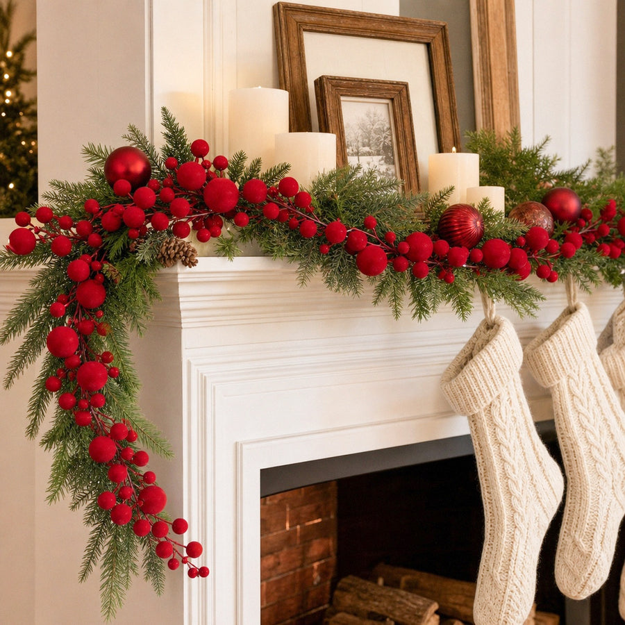 6 Ft Burgundy Red Velvet Ball Garland with Vintage Beads