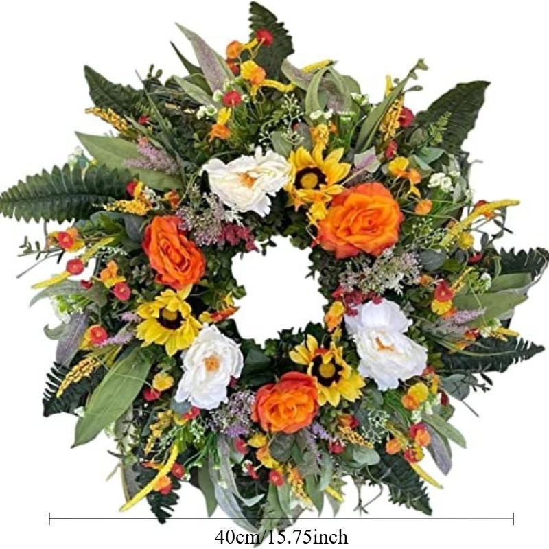 Colorful Artificial Floral Wreath with Sunflower and Green Leaves | Front Door Wall Spring Summer Party & Graduation Decor