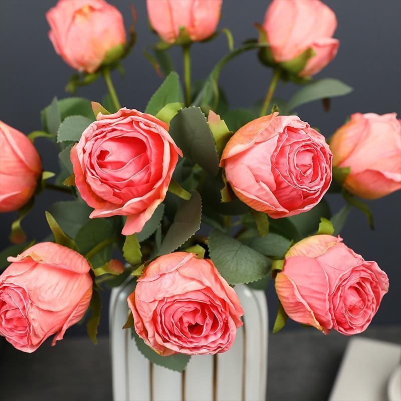 Burnt Edge Real Touch Rose Simulation Flowers | Living Room Dining Table Wreath Crafts Valentine's Day Decor in White Champagne Orange Pink