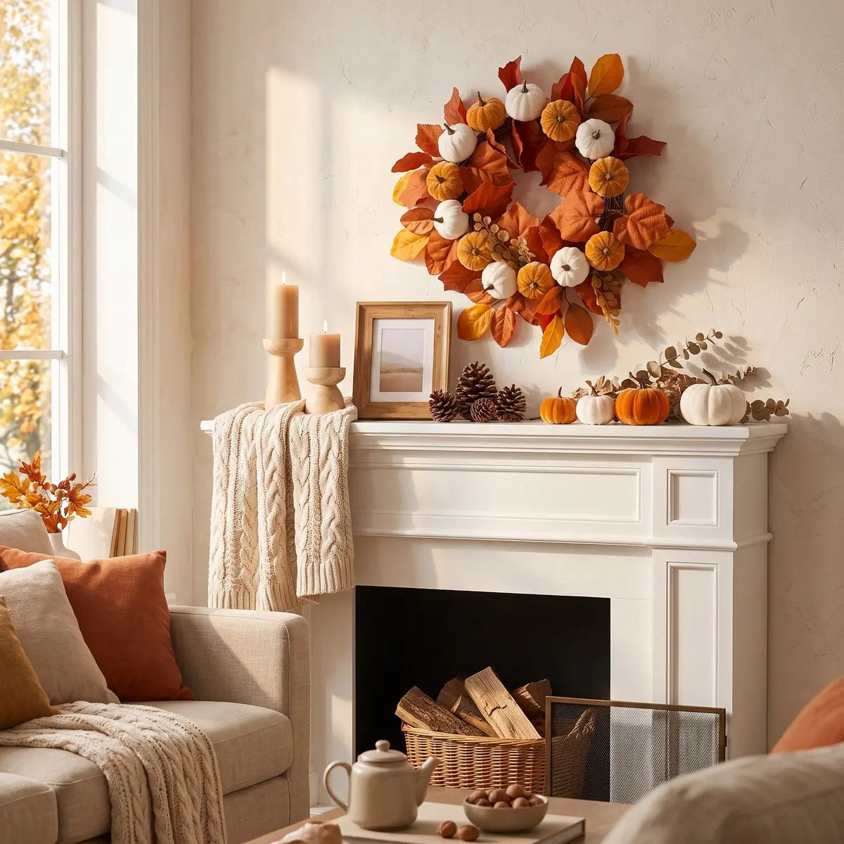 17.7'' fall wreath with pumpkins and autumn leaves displayed above a fireplace mantel in a warm farmhouse living room

