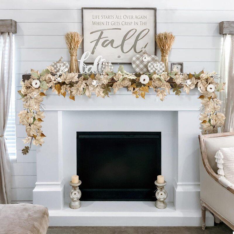 Fall garland detail – faux maple leaves pumpkins berries for Thanksgiving decor