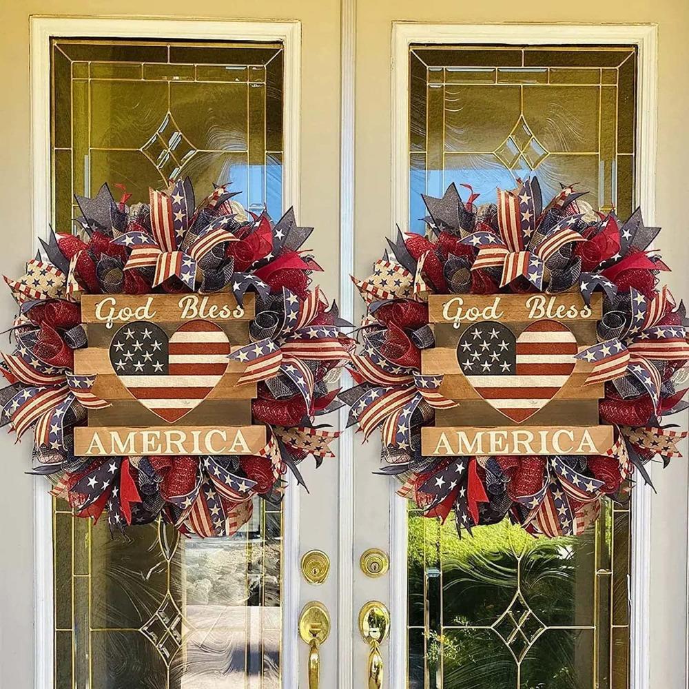 4th of July Wreath for Front Door | Patriotic American Flag Burlap Design in Red White Blue Farmhouse Decor