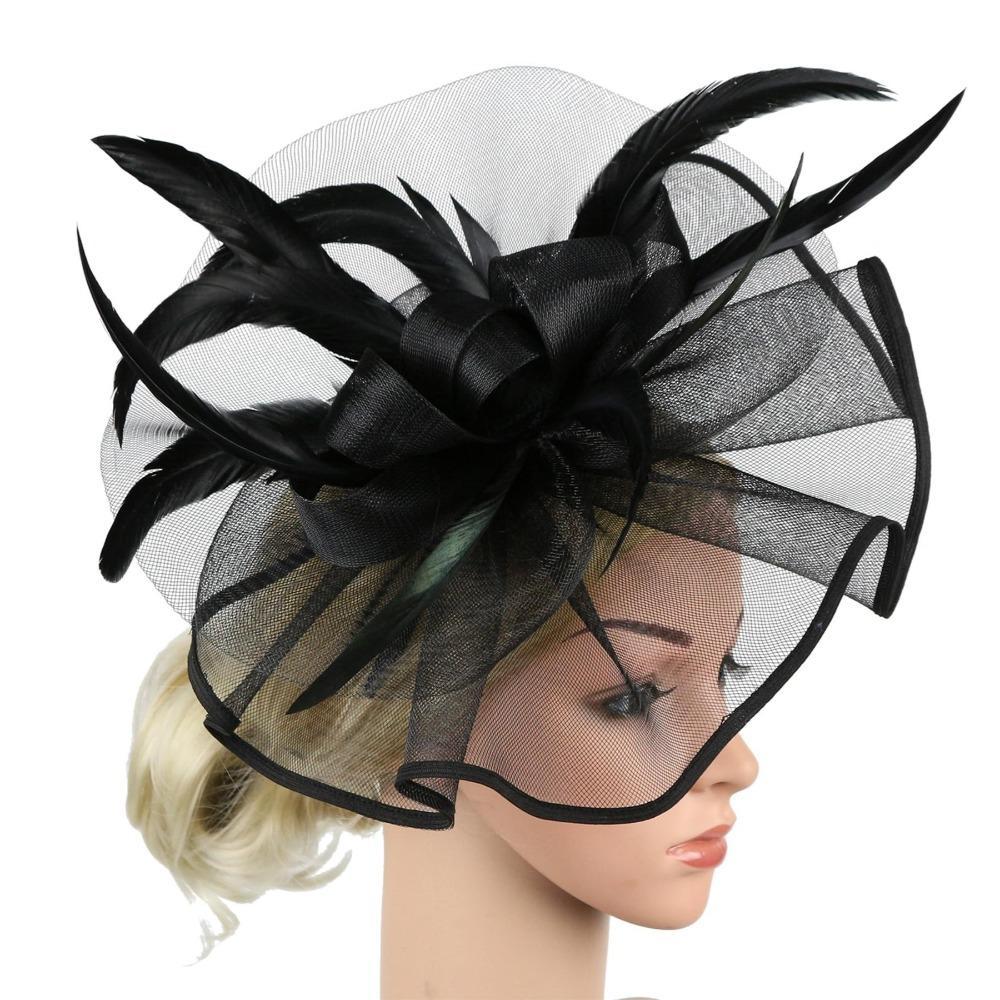 Women's Flower Headband with Veil & Feather Hair Clip | Tea Party Wedding Cocktail Headwear in 3 Colors
