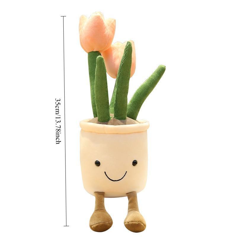 Tulip Flower Pot Stuffed Throw Plushie Pillow Doll, Soft Fluffy Plant Friend Hugging Cushion - Present for Every Age & Occasion