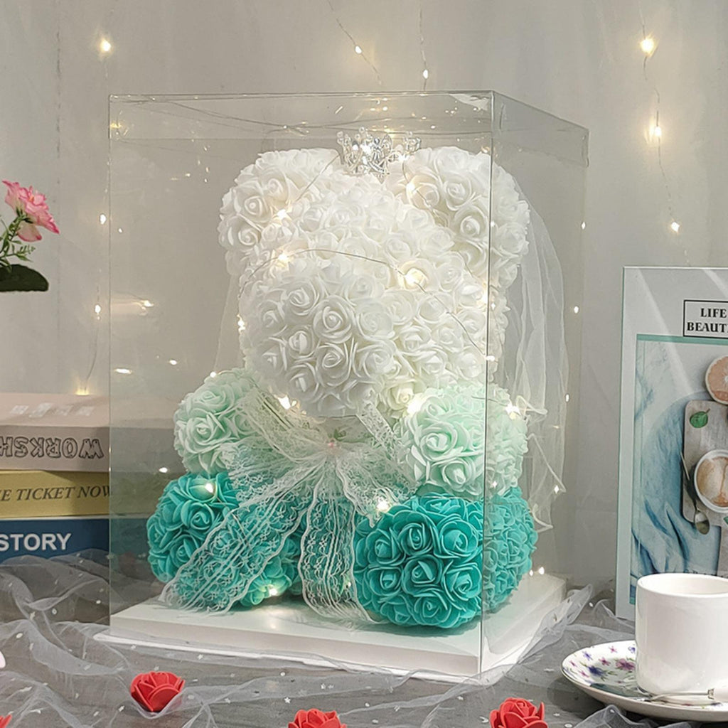 15.74 inch LED Teddy Rose Bear With Crown&Wedding Dress Artificial Flower Rose Bear Gift Box For Girls' Birthday Valentine's Day Mother's Day Gift