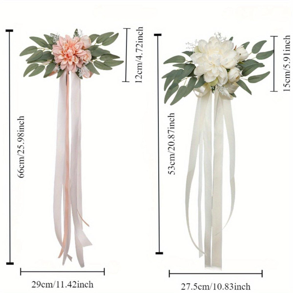 Artificial Rose Chair Decor 4pcs with Eucalyptus & Ribbons | Wedding Ceremony Aisle & Engagement Party Decoration in White Blue Pink Light Pink