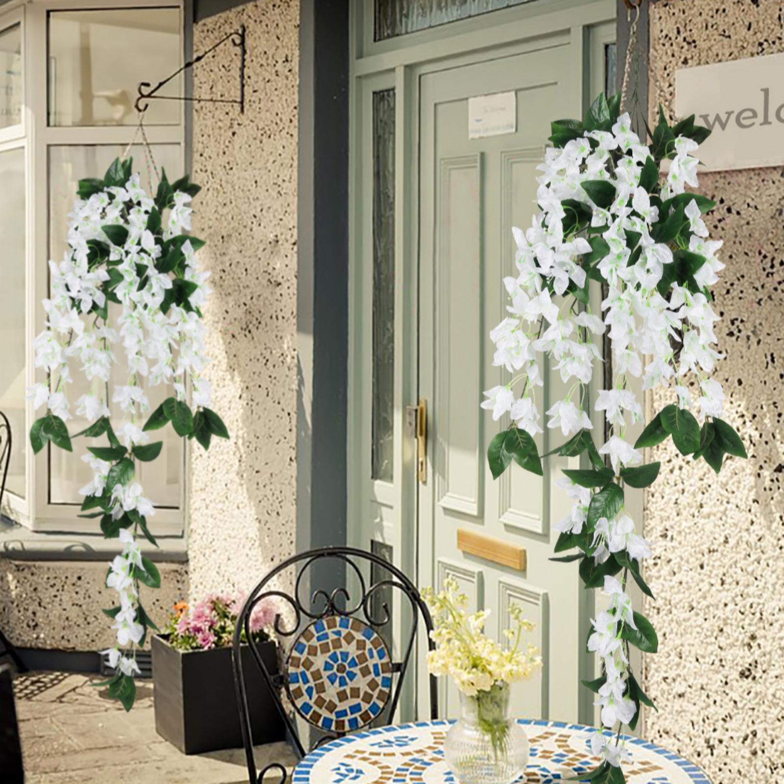 Artificial Bougainvillea Hanging Flowers 2pcs | UV Resistant Faux Garland for Outdoor Garden Porch Eave & Wedding Decor in Red Purple White Pink