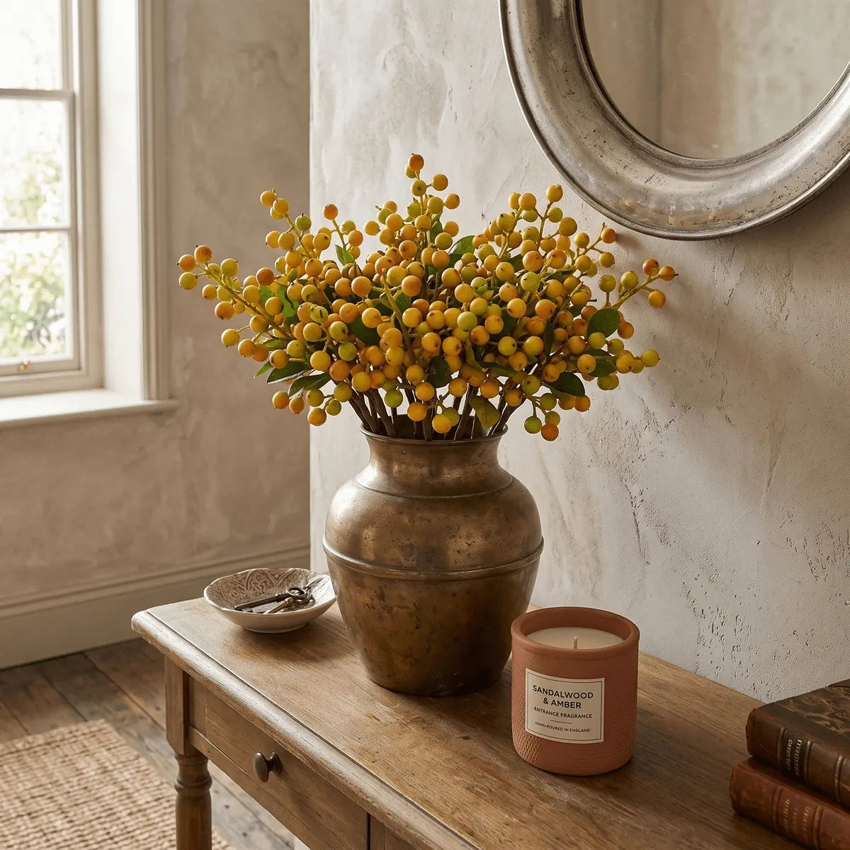 Artificial Berry Stems with Green Leaves | Faux Fruit Branches for Floral Arrangements, Vase Filler & Autumn Decor