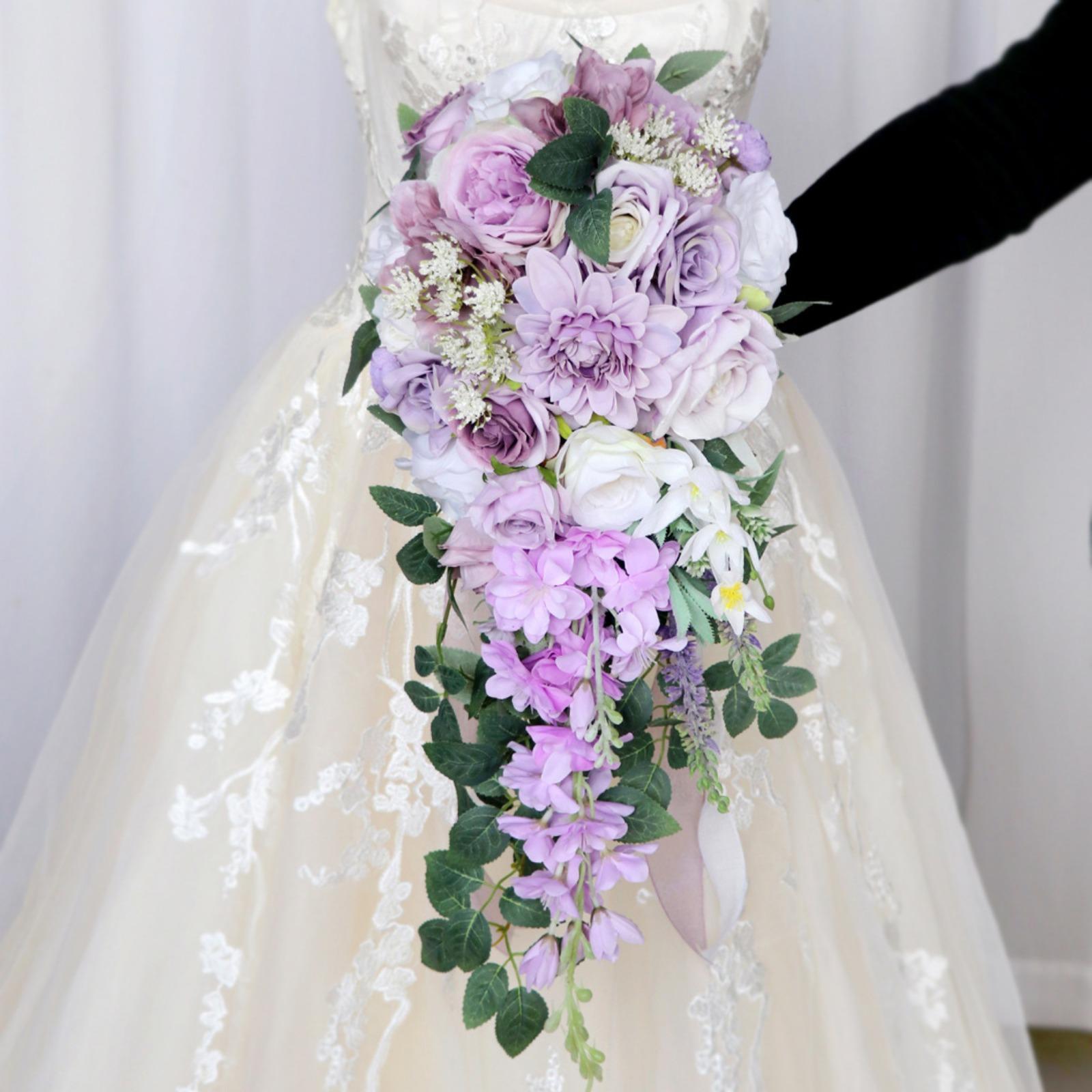 Cascading Rose Bridal Bouquet Purple & Ivory | Wedding Ceremony Anniversary Bridal Shower & Formal Decor