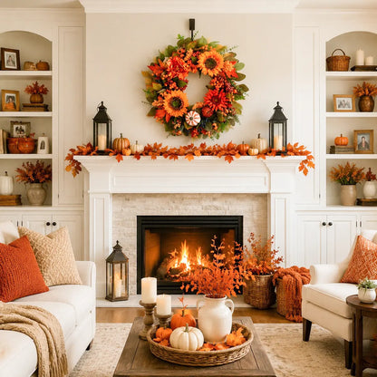 Fall harvest wreath with pumpkins, dahlia flowers and berries displayed on a fireplace mantel with candles and autumn home decor