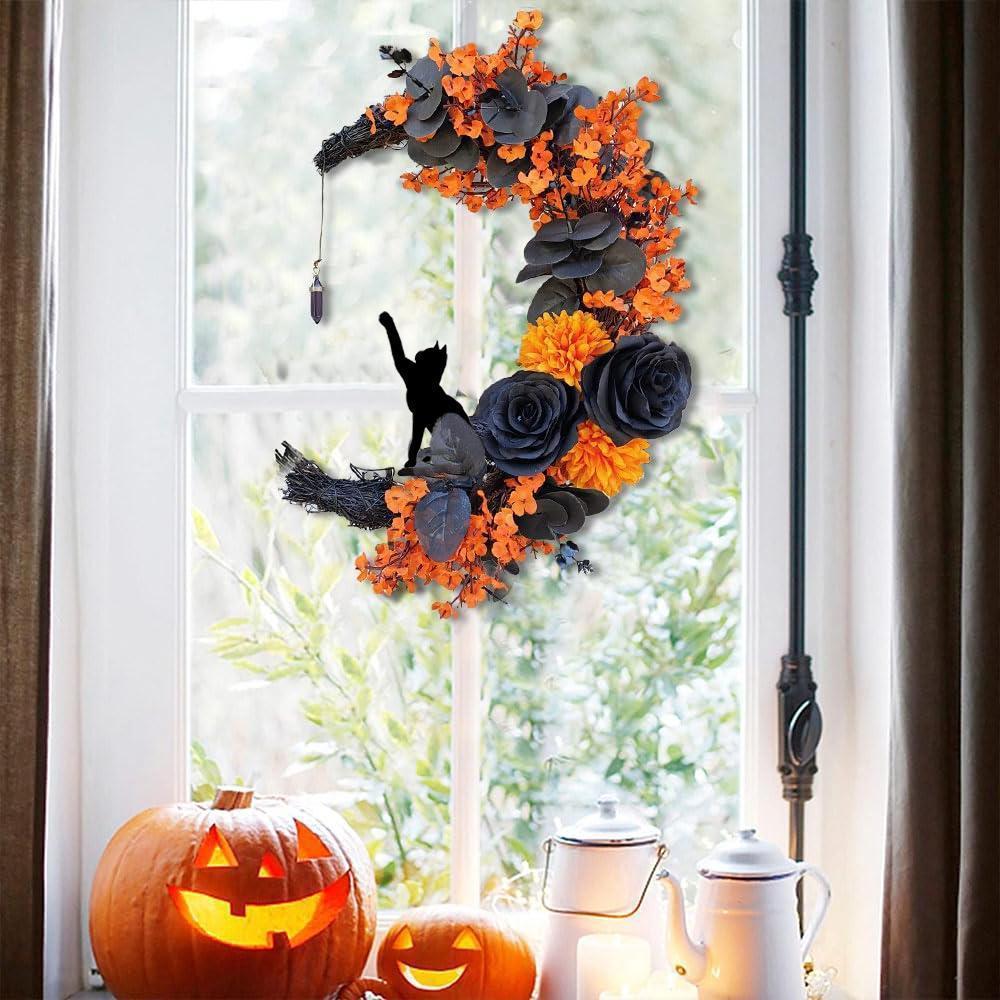 Halloween Bat Black Branch Glowing Wreath | Faux Floral Round Front Door Wall & Party Decor in Orange Purple White