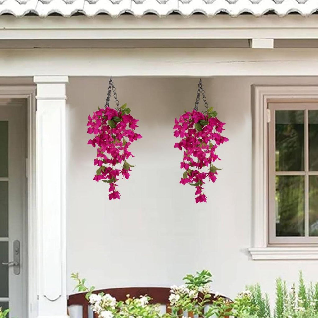 Artificial Bougainvillea Hanging Flowers 2pcs | UV Resistant Silk Vine for Garden Yard Porch Patio Wedding & Home Outdoor Decor in Pink Purple White Blue Orange