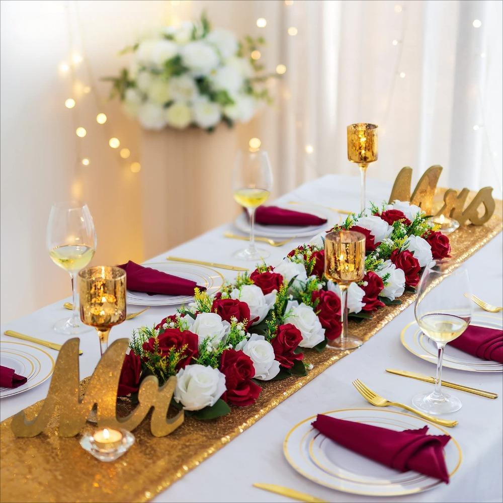 Artificial Long Rose Flower Centerpieces for Tables 2pcs | Wedding Reception Party & Dining Table Decor in Blue Wine Red White Red