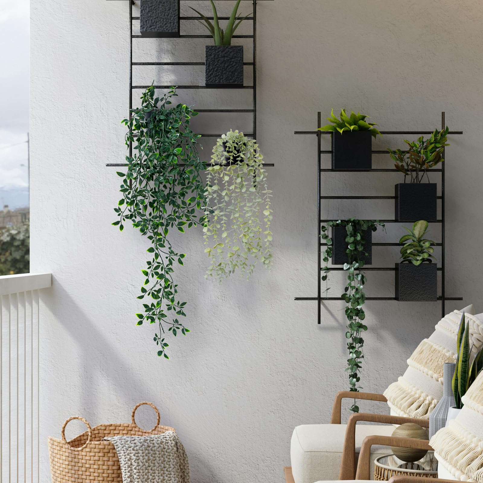 Artificial Hanging Potted Plants | Home Office Bedroom Kitchen Patio Bathroom Bookshelf Indoor & Outdoor Decor in Green Light Green