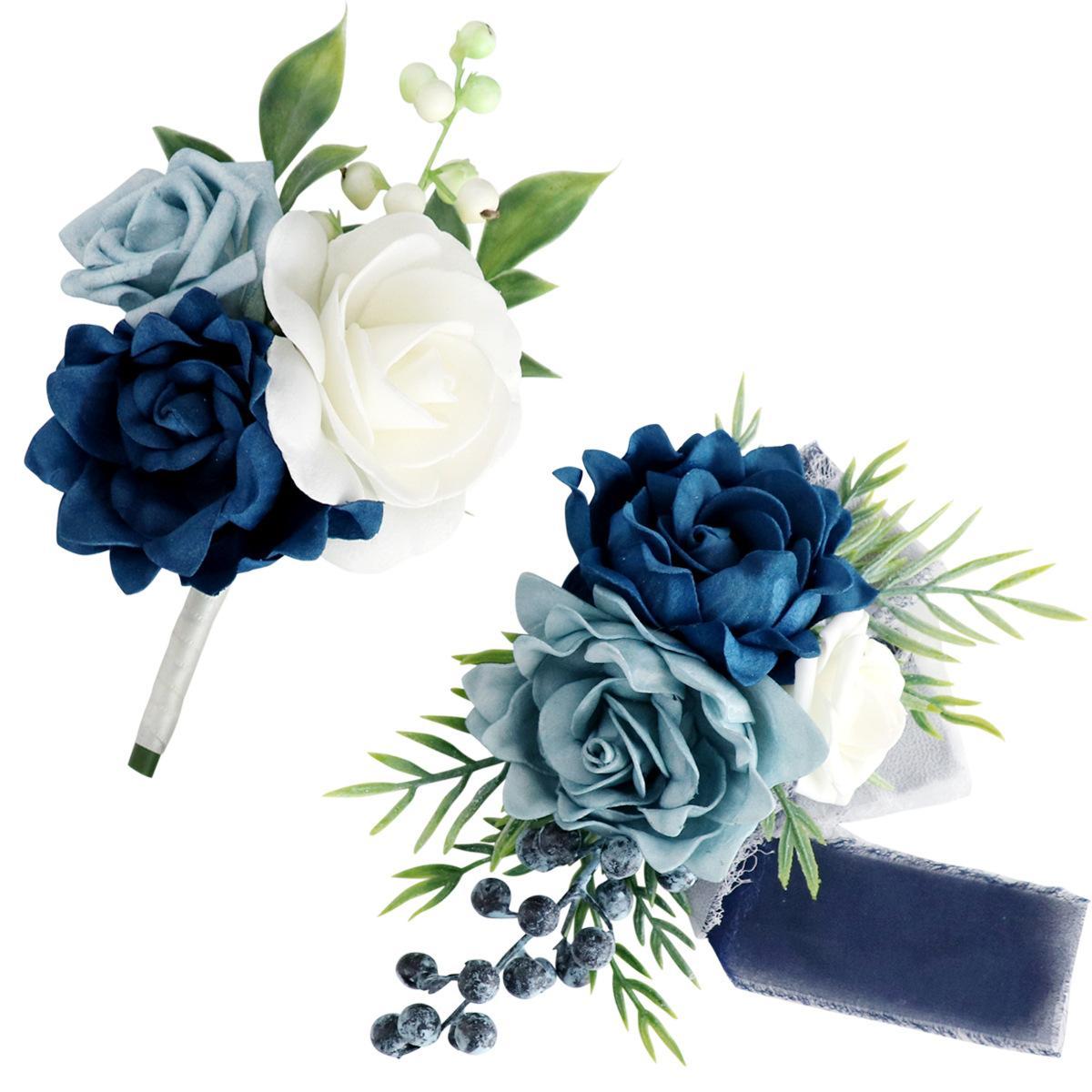 Dusty Blue Boutonniere Corsage & Wrist Flower Set 2pcs | Wedding Bridesmaid Groomsmen Anniversary Prom & Formal Party