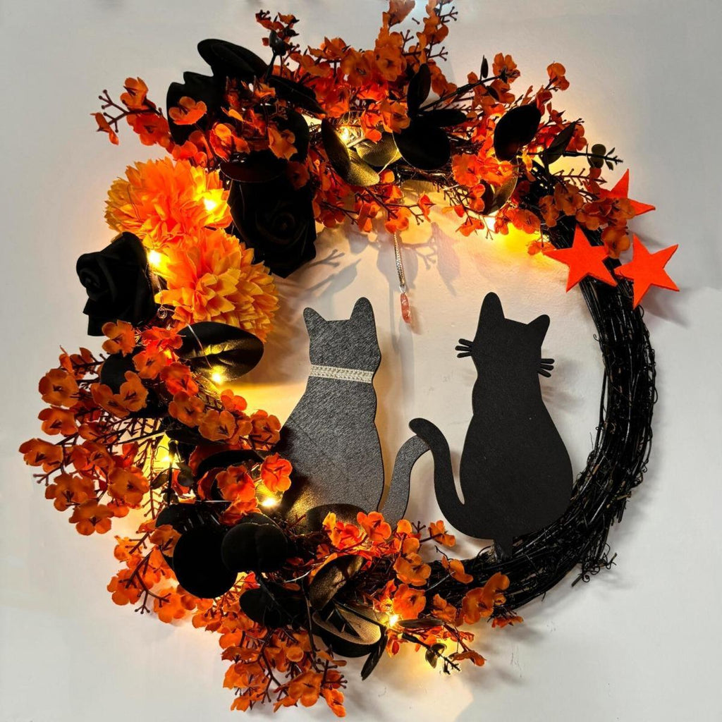 Halloween Black Cat Moon Wreath with Rose Flowers | Front Door Wall Window & Party Decor in White Orange Purple
