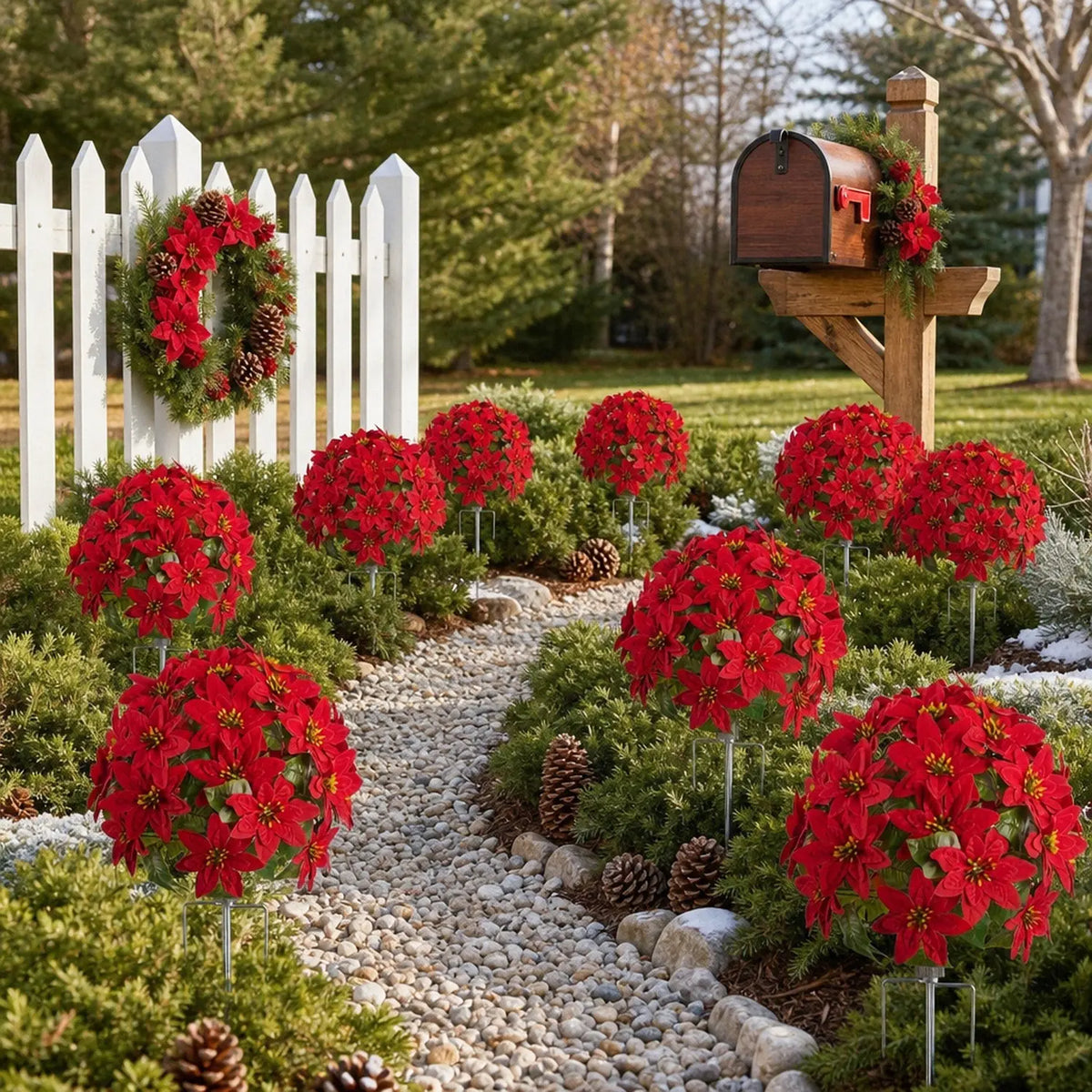 Artificial poinsettia ground stakes lining garden path Christmas display – IPOPU
