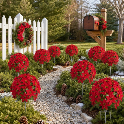 Artificial poinsettia ground stakes lining garden path Christmas display – IPOPU
