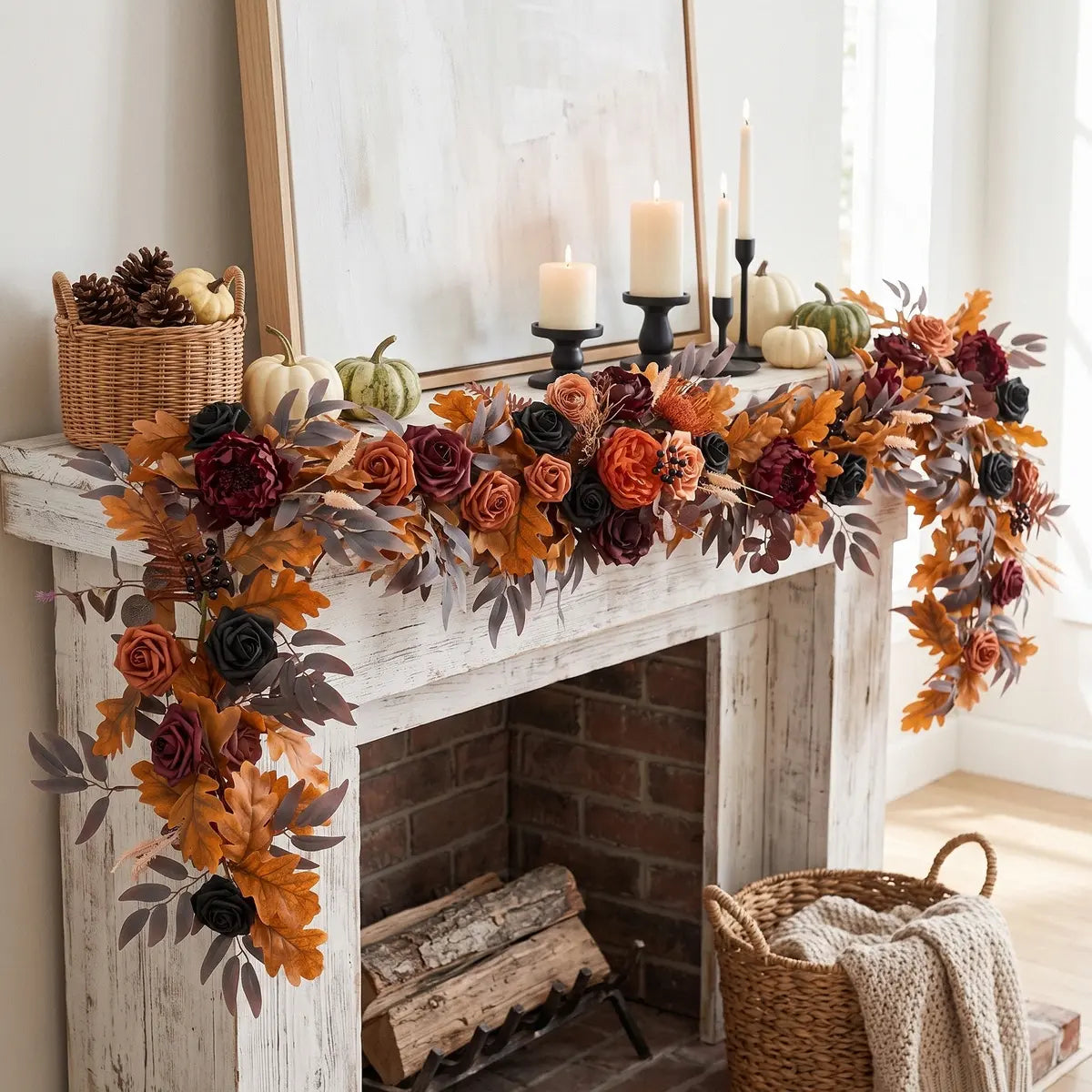 Artificial eucalyptus garland draped over fireplace mantel for Thanksgiving and Halloween home decoration