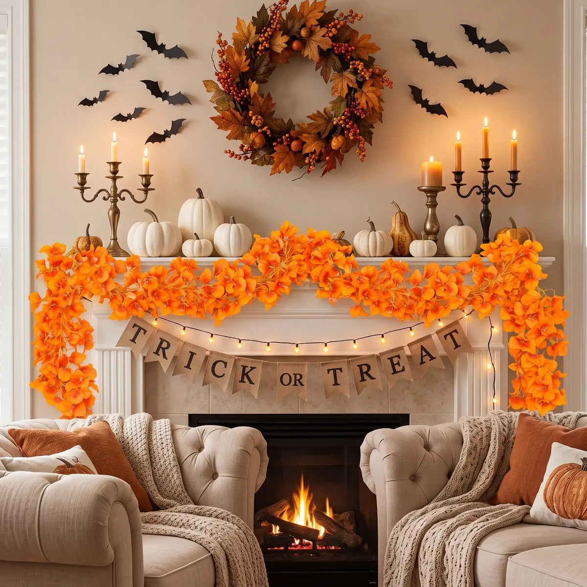 Orange artificial bougainvillea garland draped on white fireplace mantel with Trick or Treat banner, pumpkins and bat wall decor, Halloween living room
